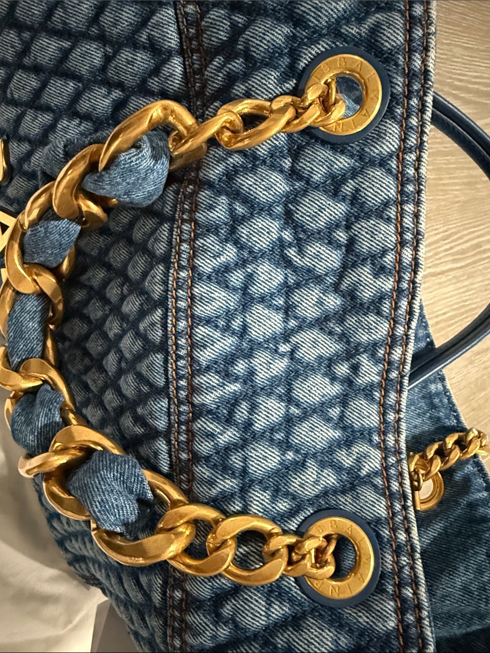 Balmain Denim Monogram Quilted Tote with Gold Chain - Picture 12 of 16